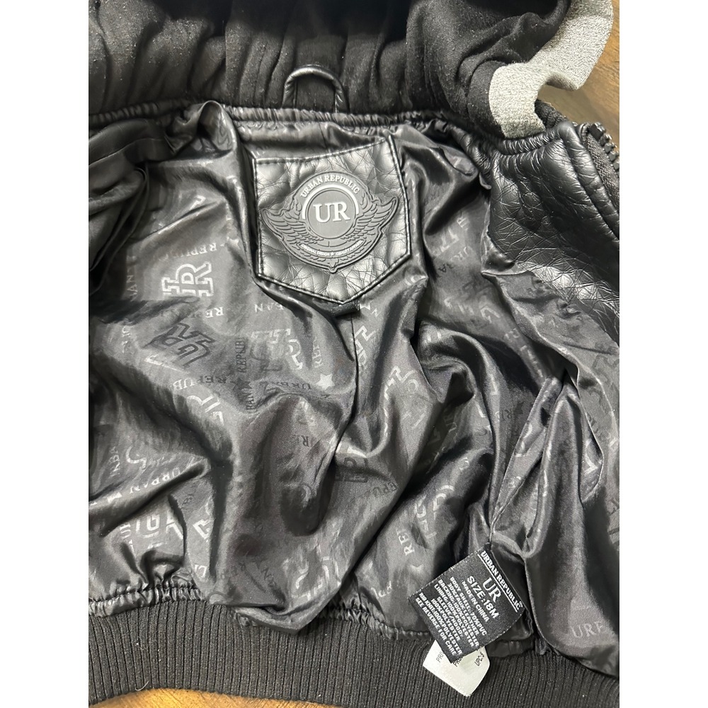 Urban Republic Toddler Boys Faux Leather Hooded Bomber Jacket Black Gray 18M - Picture 3 of 6
